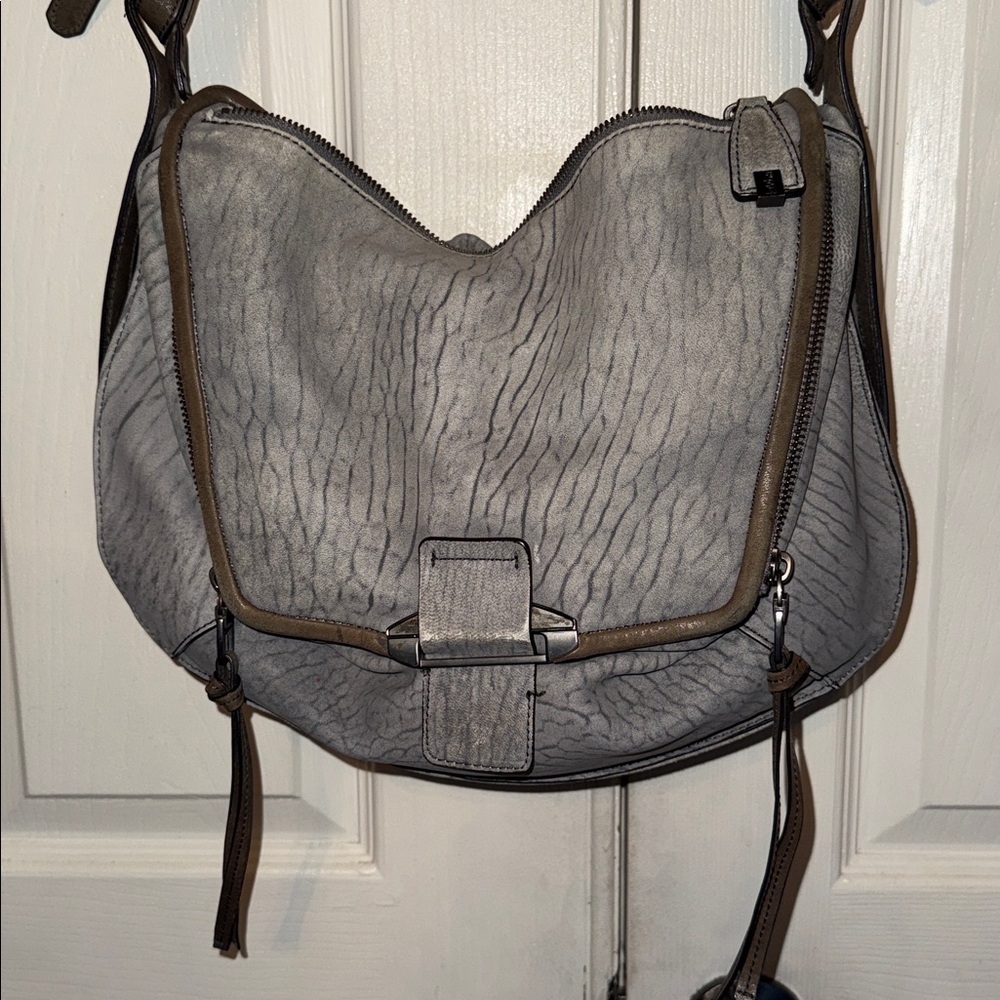Kooba Jonnie Textured Gray Butter Leather With Taupe Trim Crossbody Bag - Picture 3 of 14